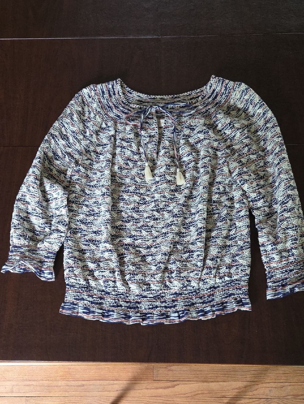 Tory Burch Navy, Cream & Coral Embroidered Top